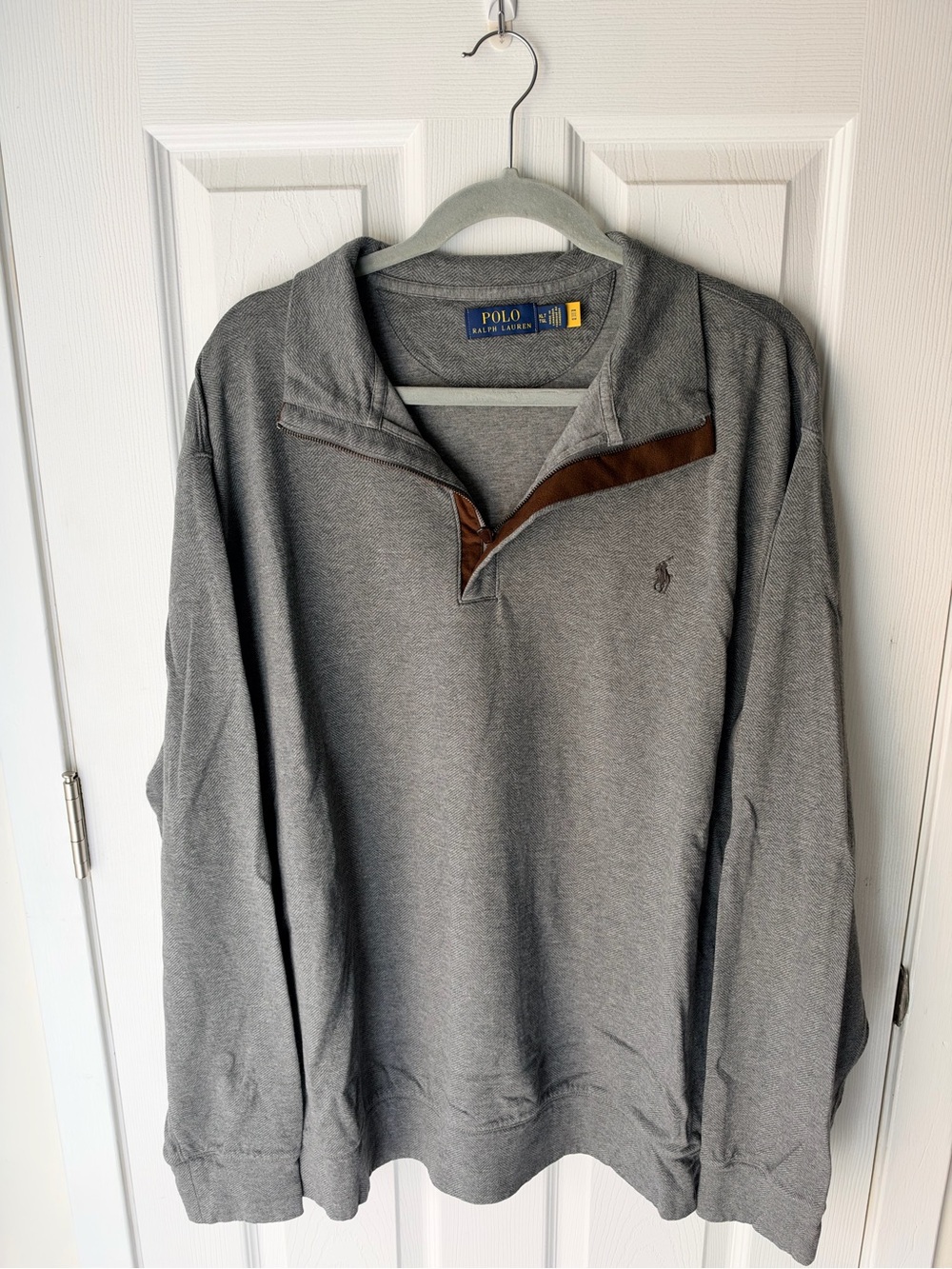 Ralph Lauren Gray Cotton Quarter-Zip Pullover with Brown Trim